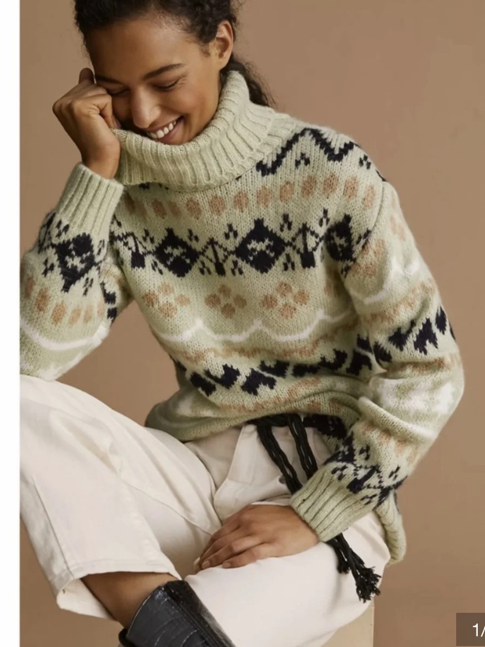 Anthropologie Fair Isle Oversized Turtleneck Sweater in Green - Picture 4 of 12